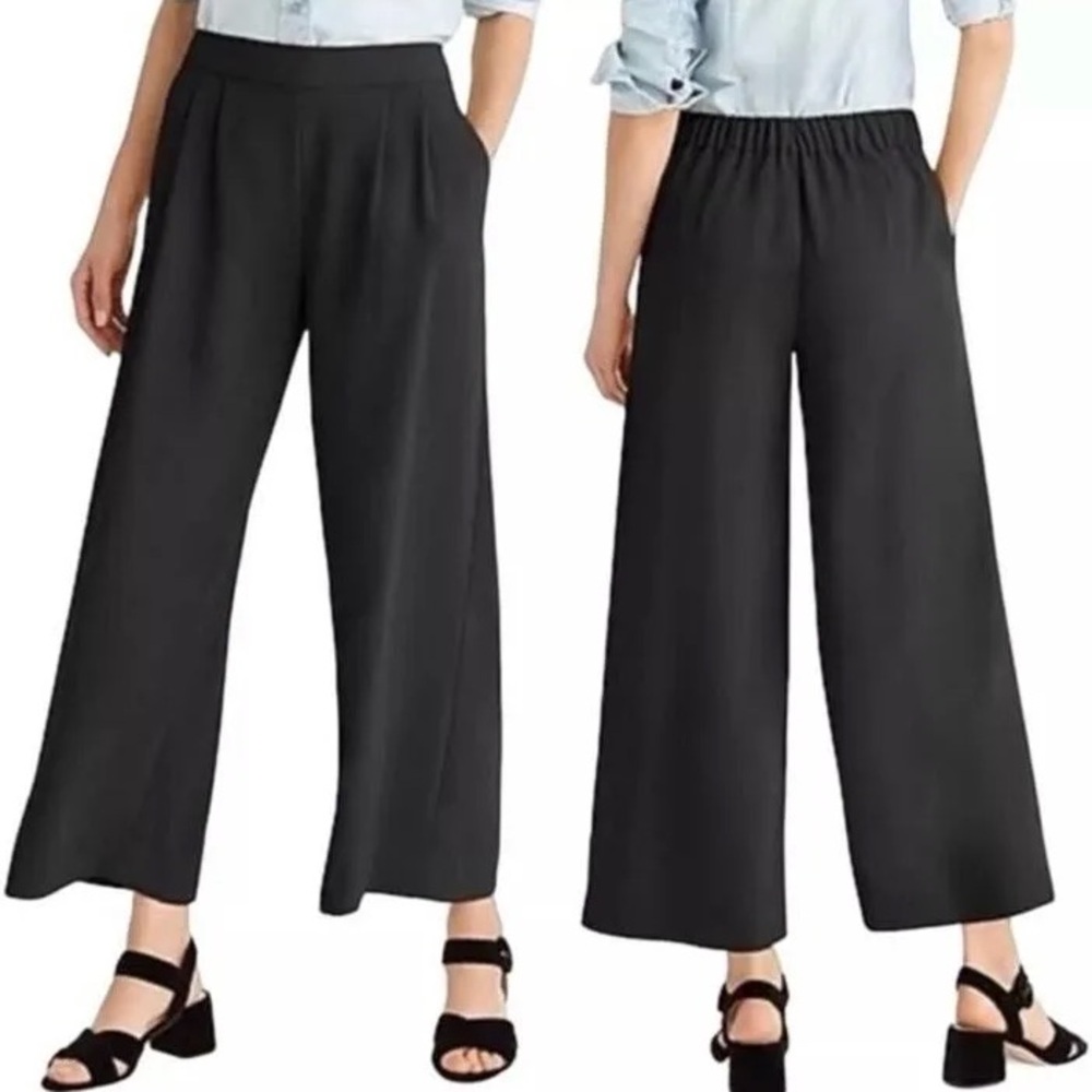 J.Crew Black Crepe Cropped Wide-Leg Pants 8T | Pleated, Elastic Back
